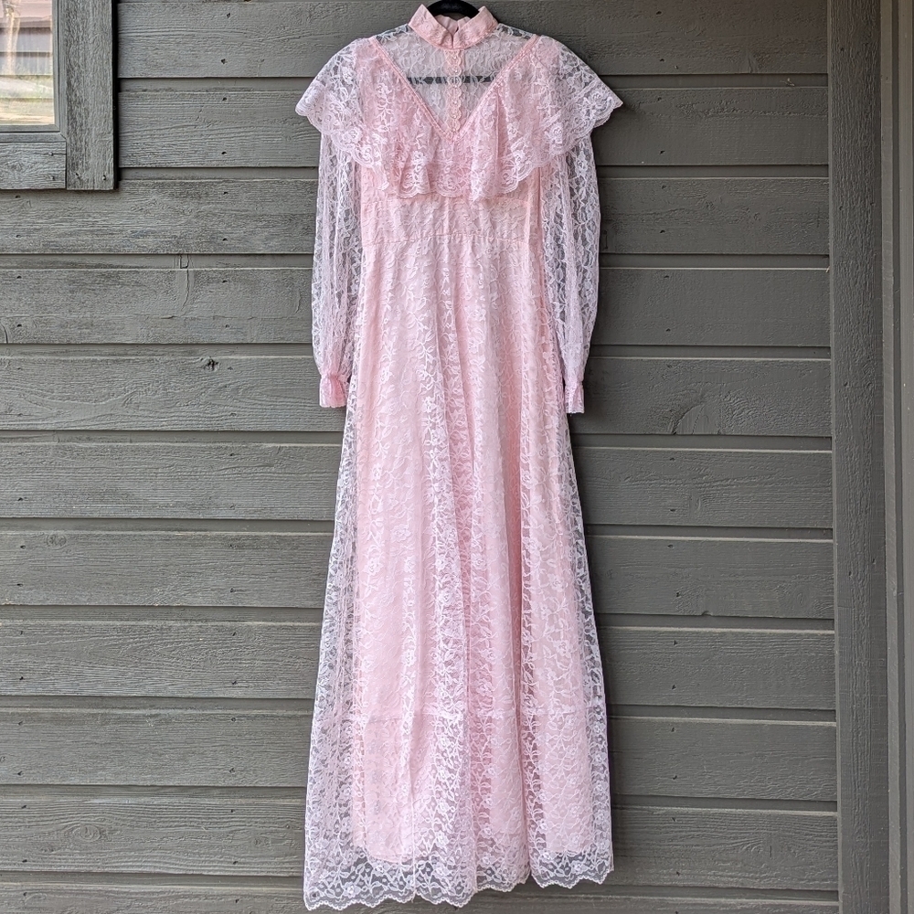 VTG 70s Handmade Pink Lace Victorian Prairie Long Sleeve Maxi Dress Size Small